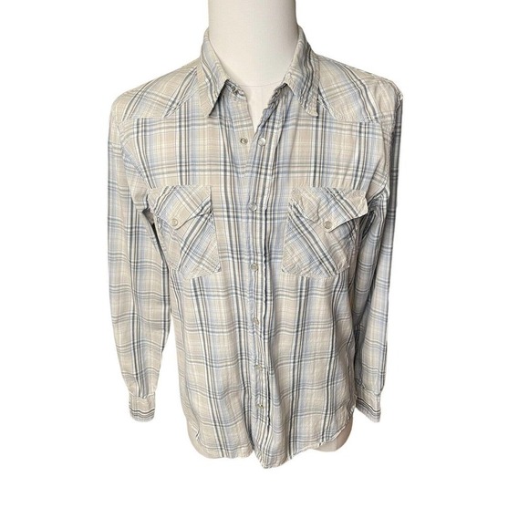 BKE Other - BKE Shirt Mens Pearl Snap Plaid Buckle Athletic Fit Western Tan Blue Large